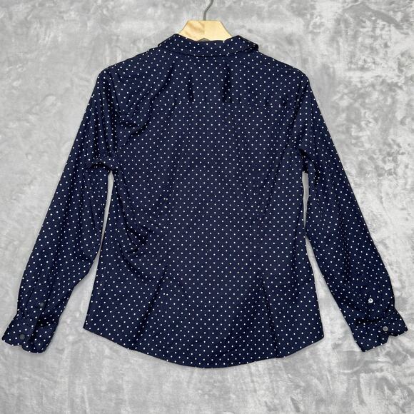 Talbots Shirt Womens 10P Navy Polka Dot Long Sleeve Button Up Wrinkle Resistant - Picture 3 of 9